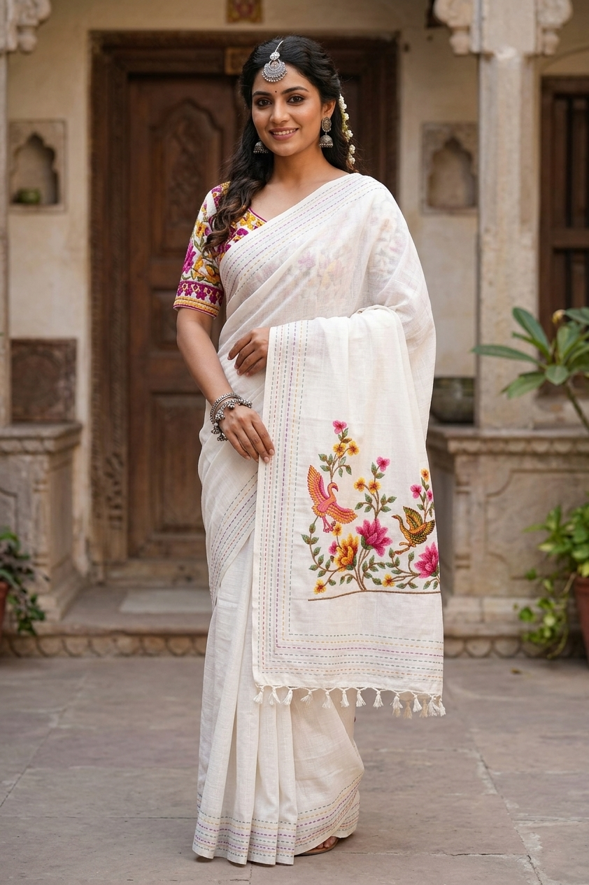 White Swan Design Soft Cotton Saree