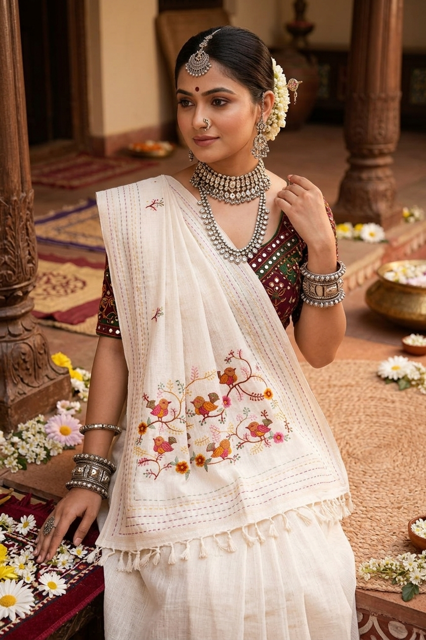 White Sparrow Design Soft Cotton Saree