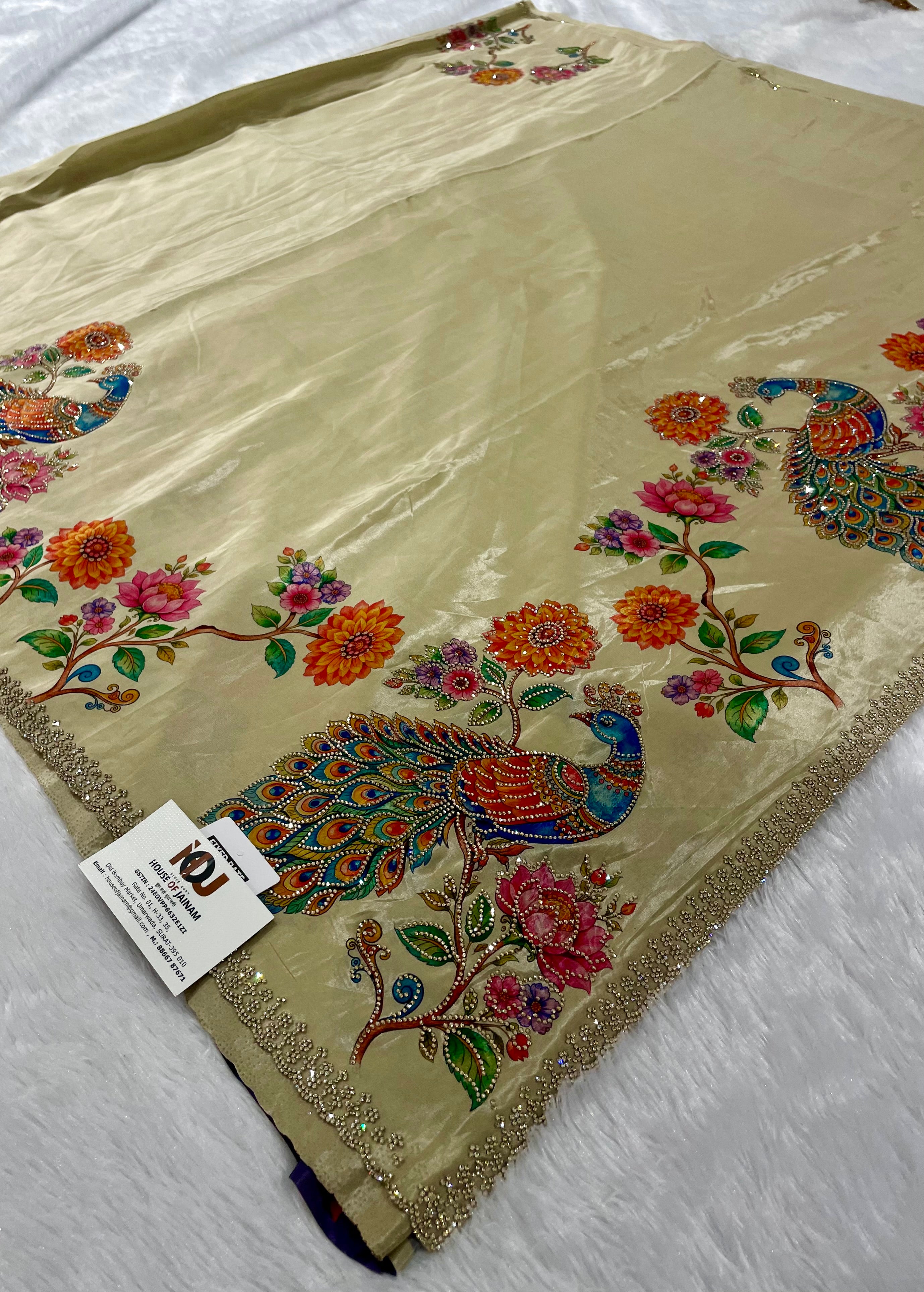 Premium Silk Saree with Peacock Digital Print & Hand Stone Work