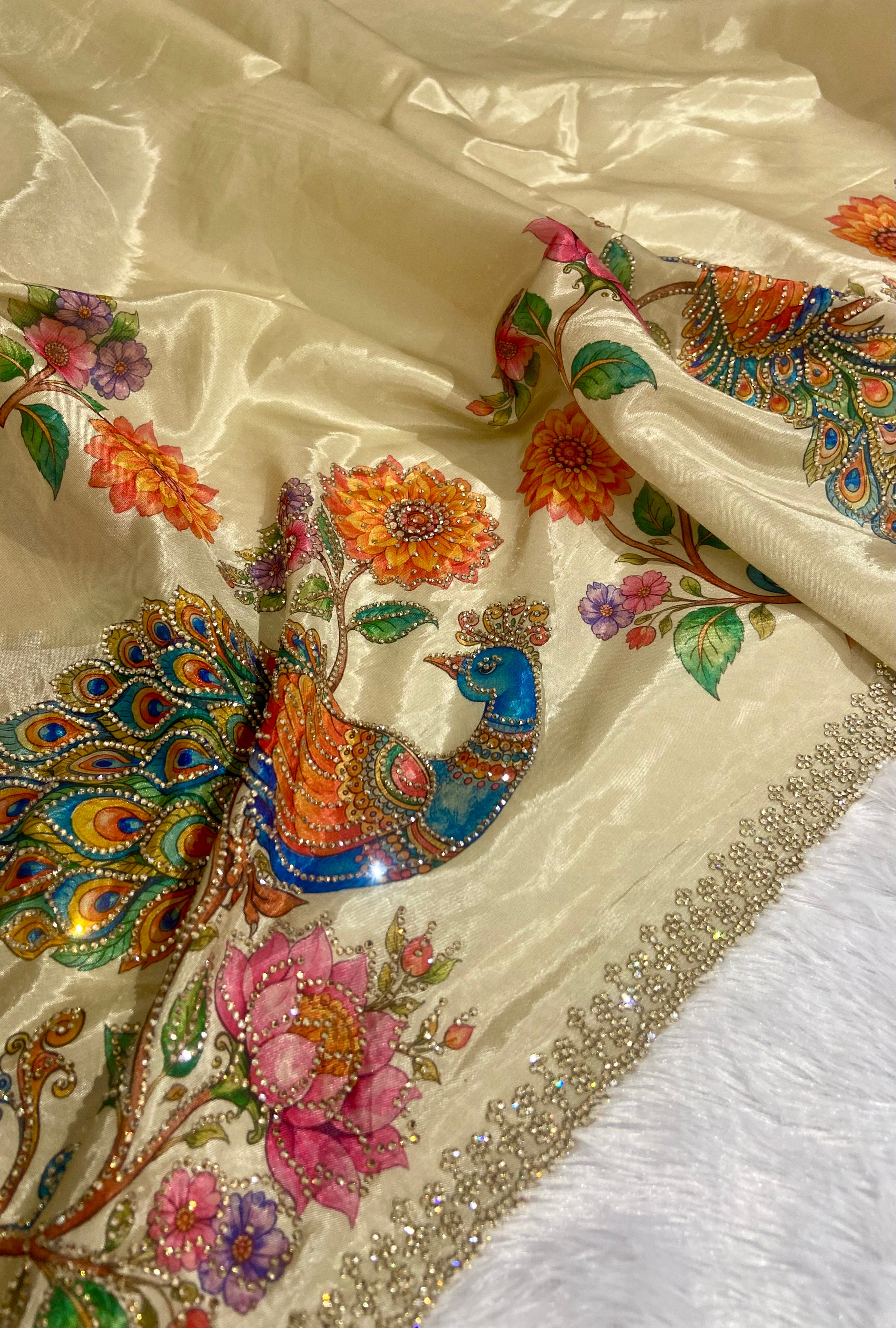 Premium Silk Saree with Peacock Digital Print & Hand Stone Work