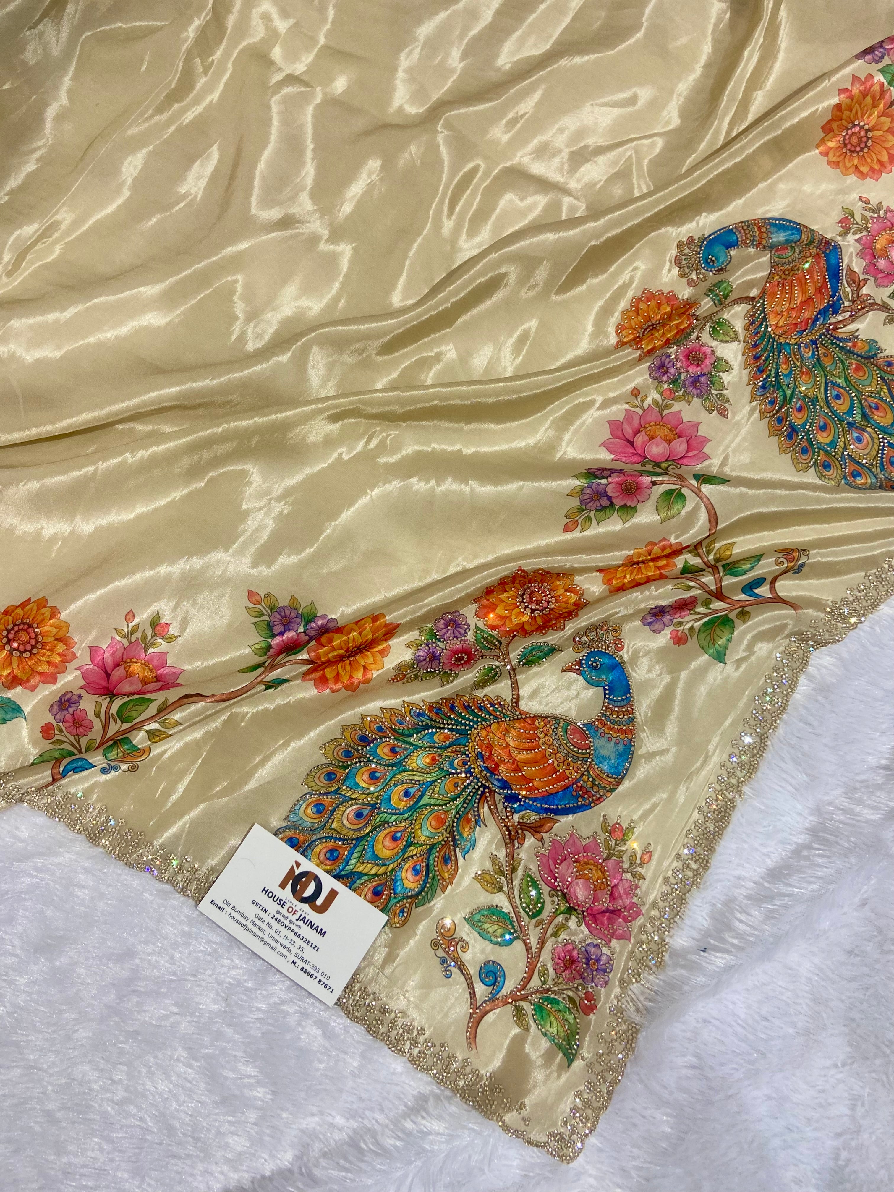 Premium Silk Saree with Peacock Digital Print & Hand Stone Work