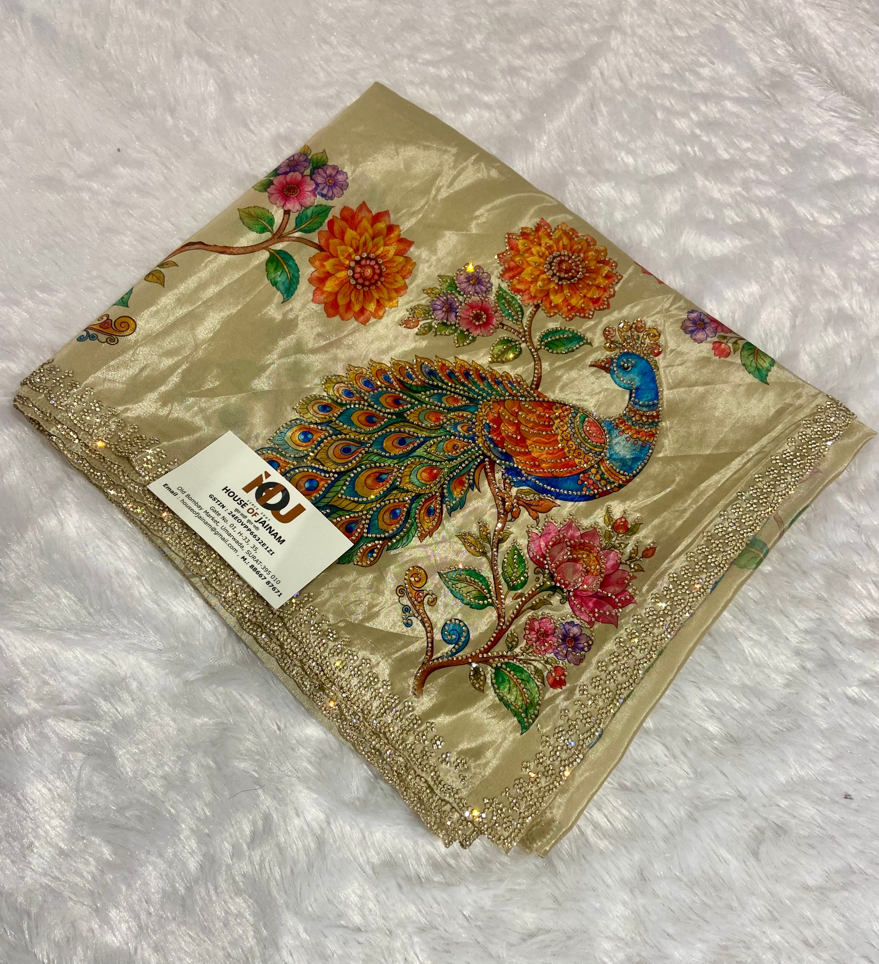 Premium Silk Saree with Peacock Digital Print & Hand Stone Work