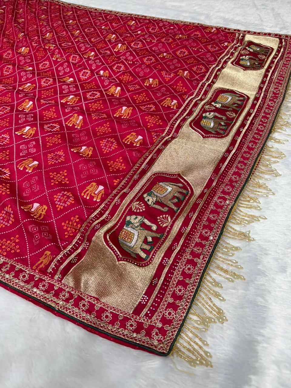 Bandhej Zariwork (Gold) Saree With Unstitched Blouse