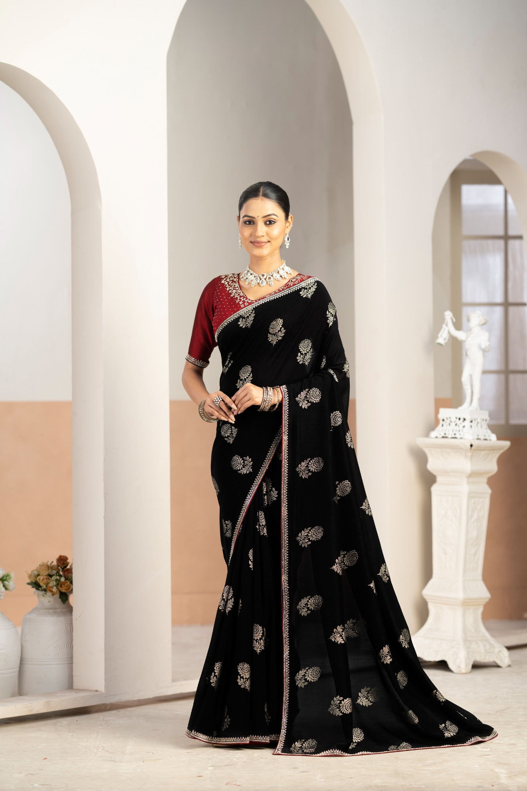 Vastra Black Vichitra Silk Saree