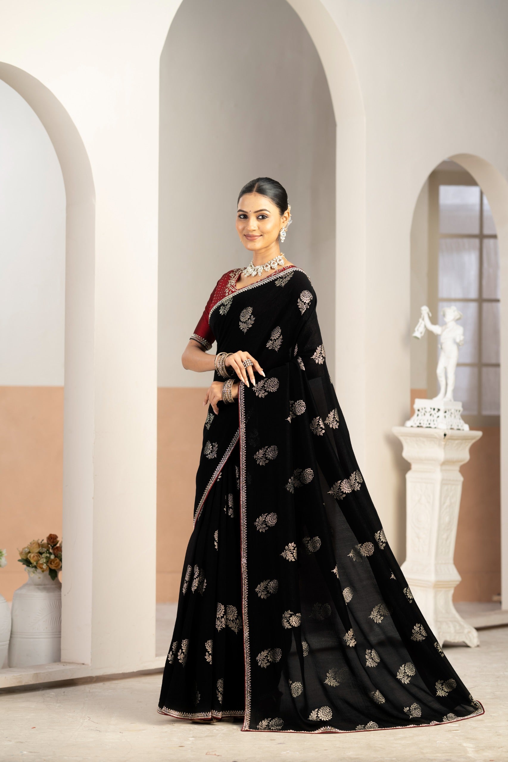 Vastra Black Vichitra Silk Saree