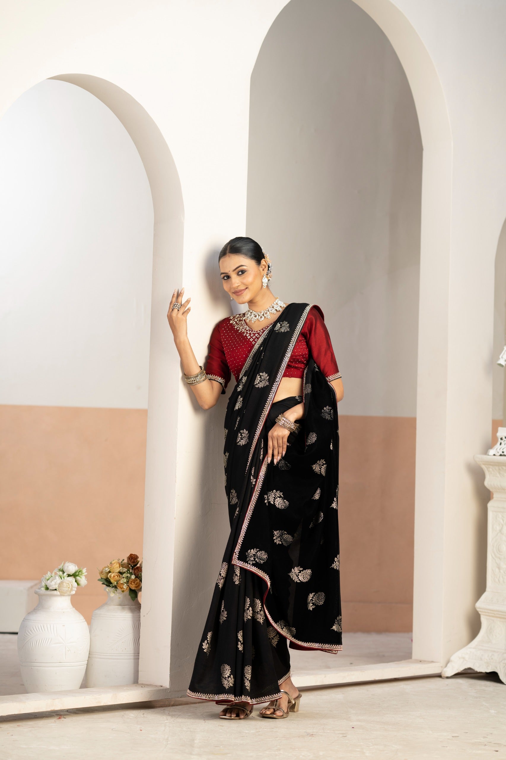 Vastra Black Vichitra Silk Saree