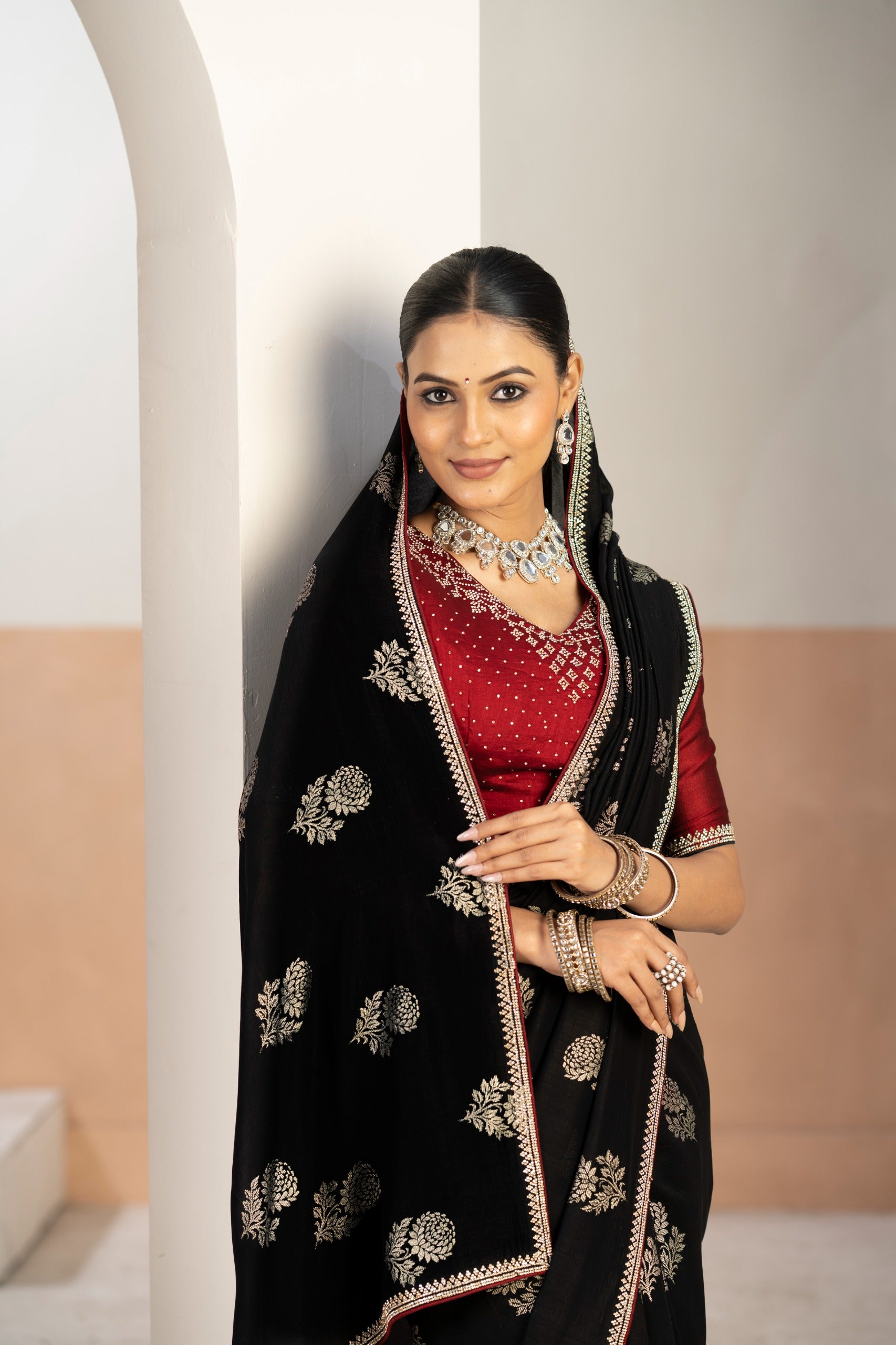 Vastra Black Vichitra Silk Saree