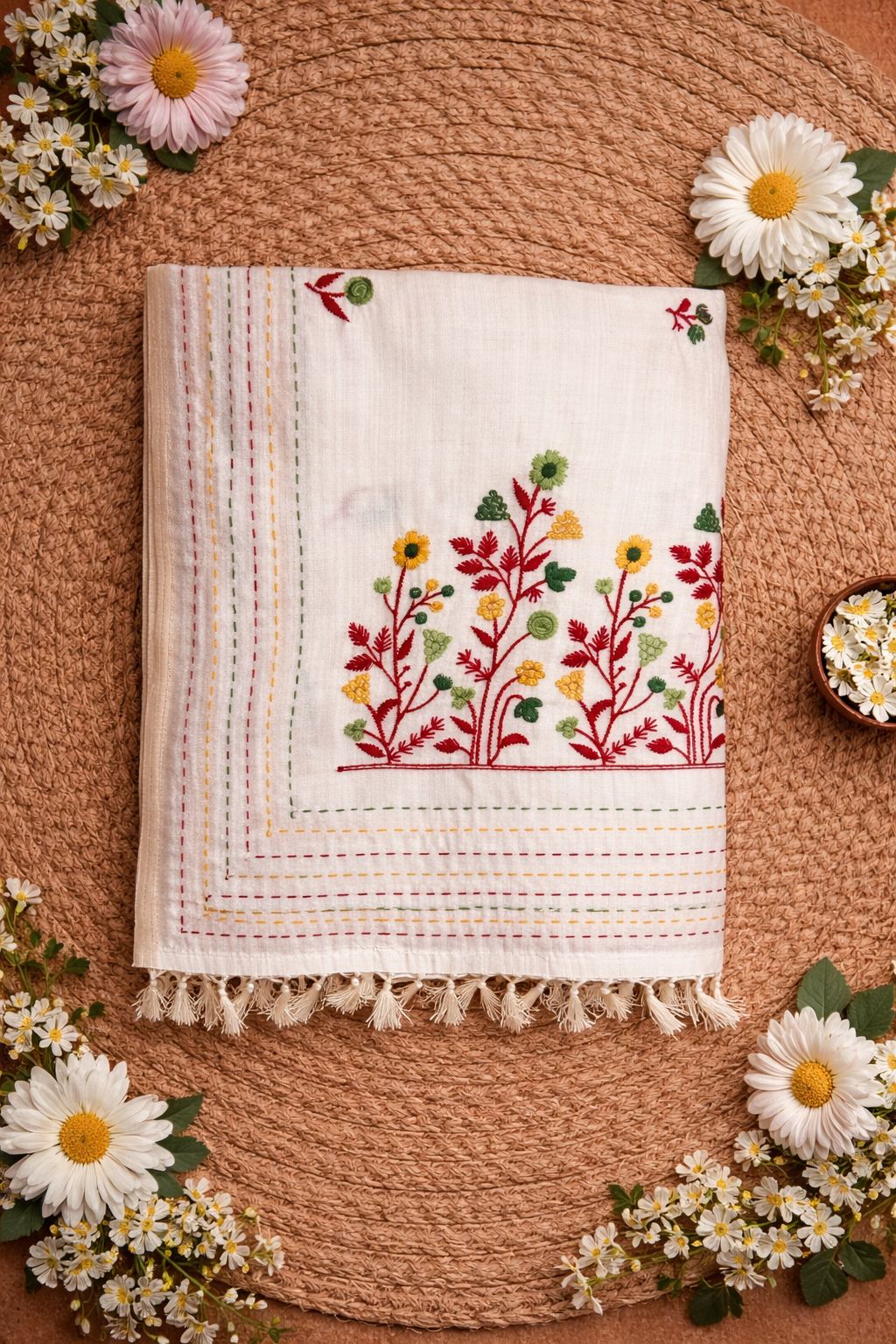 White Flower Design Soft Cotton Saree