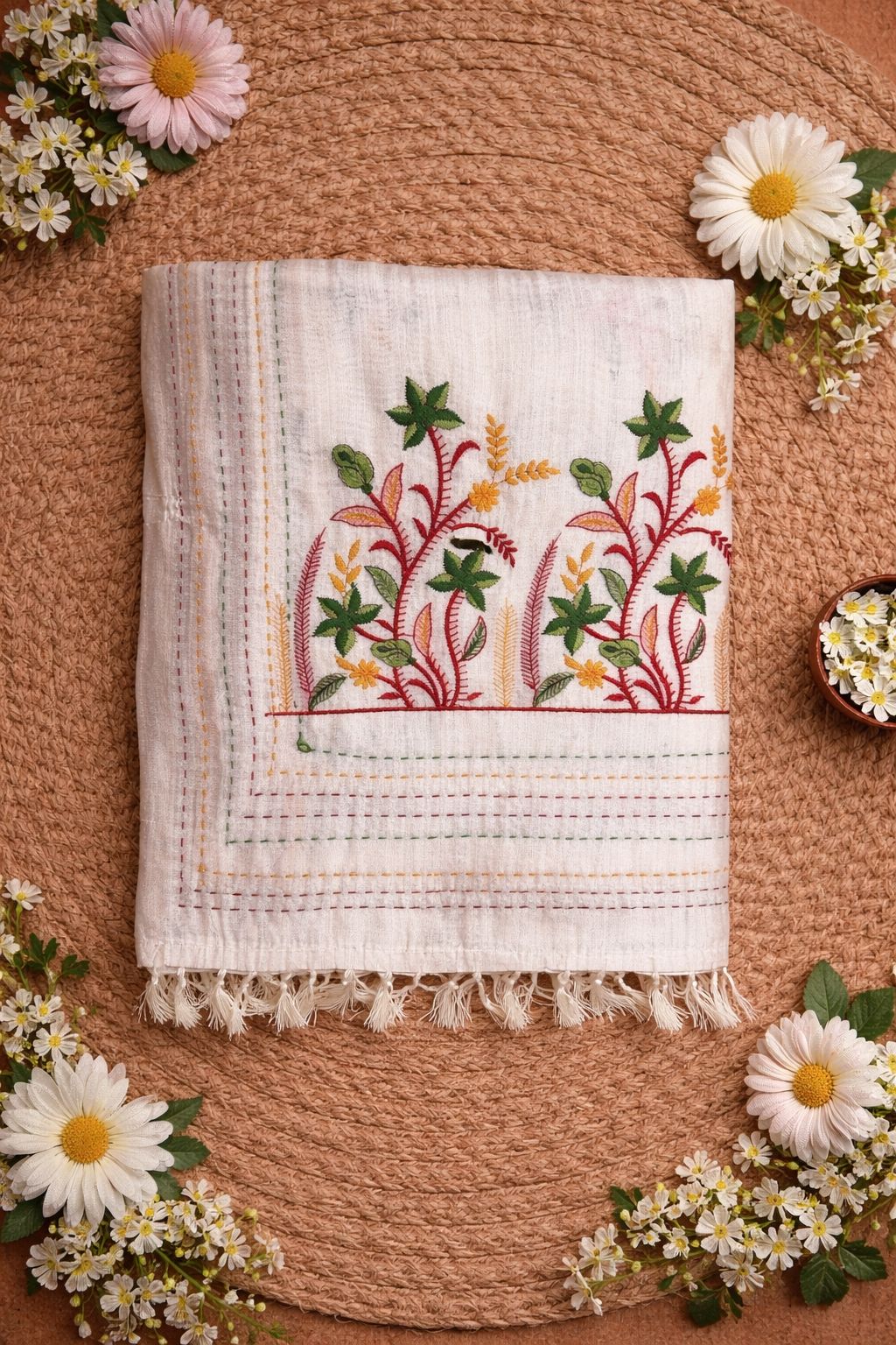 White Tree Design Soft Cotton Saree