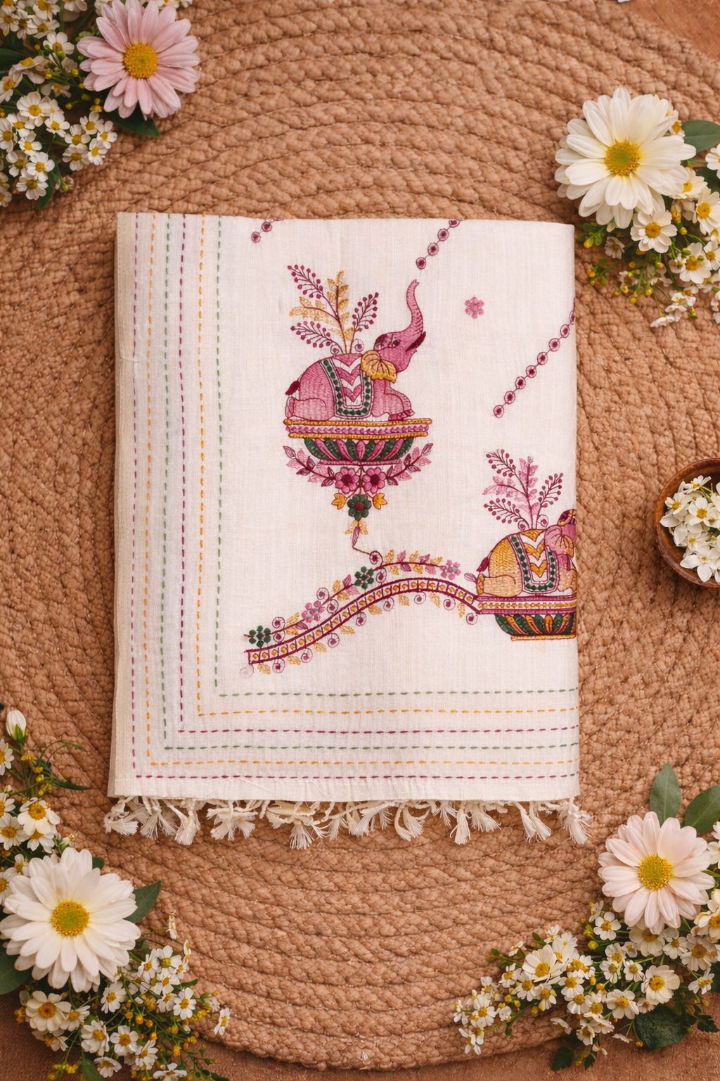 White Elephant Design Soft Cotton Saree
