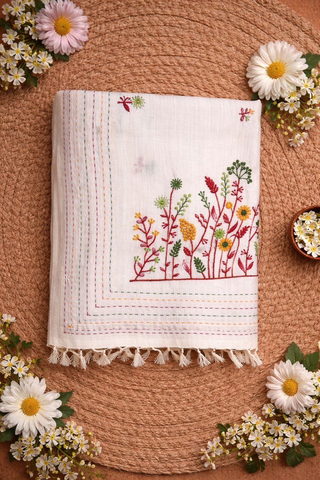 White Mercury Flower Design Soft Cotton Saree