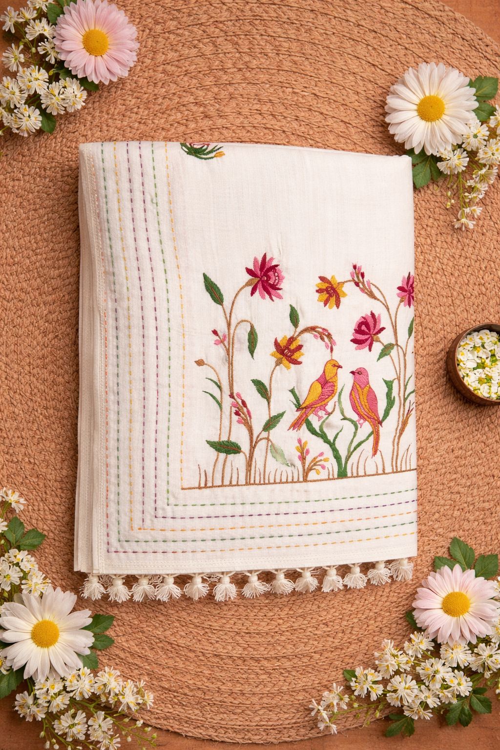 White Love Birds Design Soft Cotton Saree