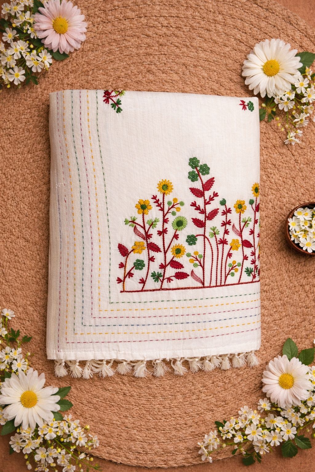 White Leaf & Flower Design Soft Cotton Saree