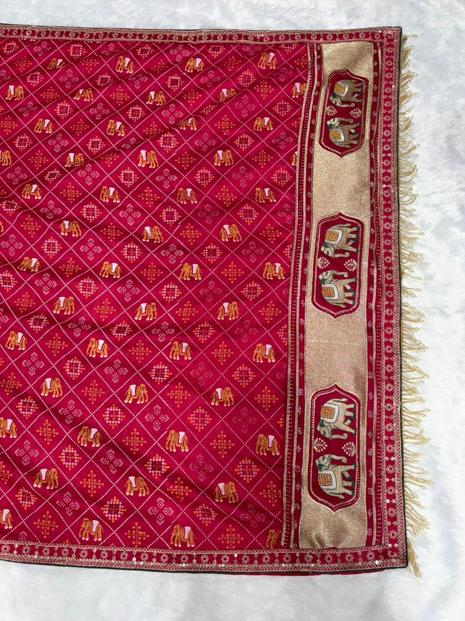 Bandhej Zariwork (Gold) Saree With Unstitched Blouse