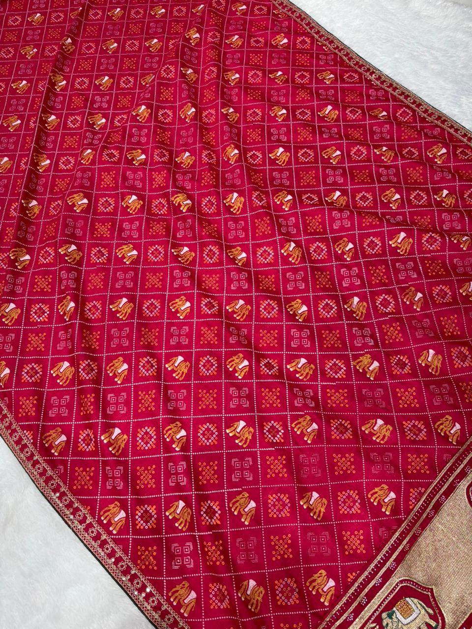 Bandhej Zariwork (Gold) Saree With Unstitched Blouse