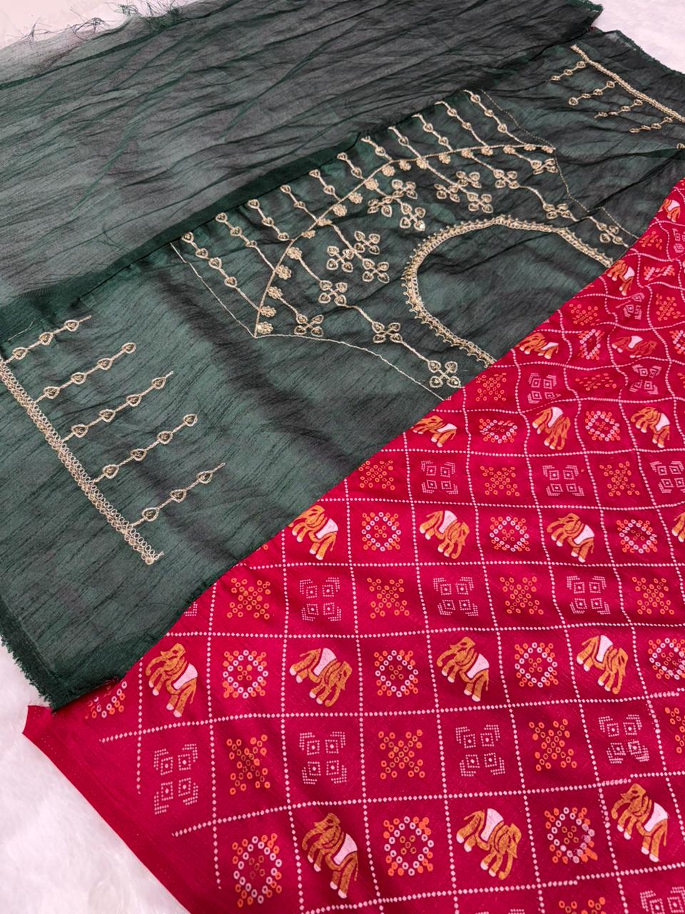 Bandhej Zariwork (Gold) Saree With Unstitched Blouse