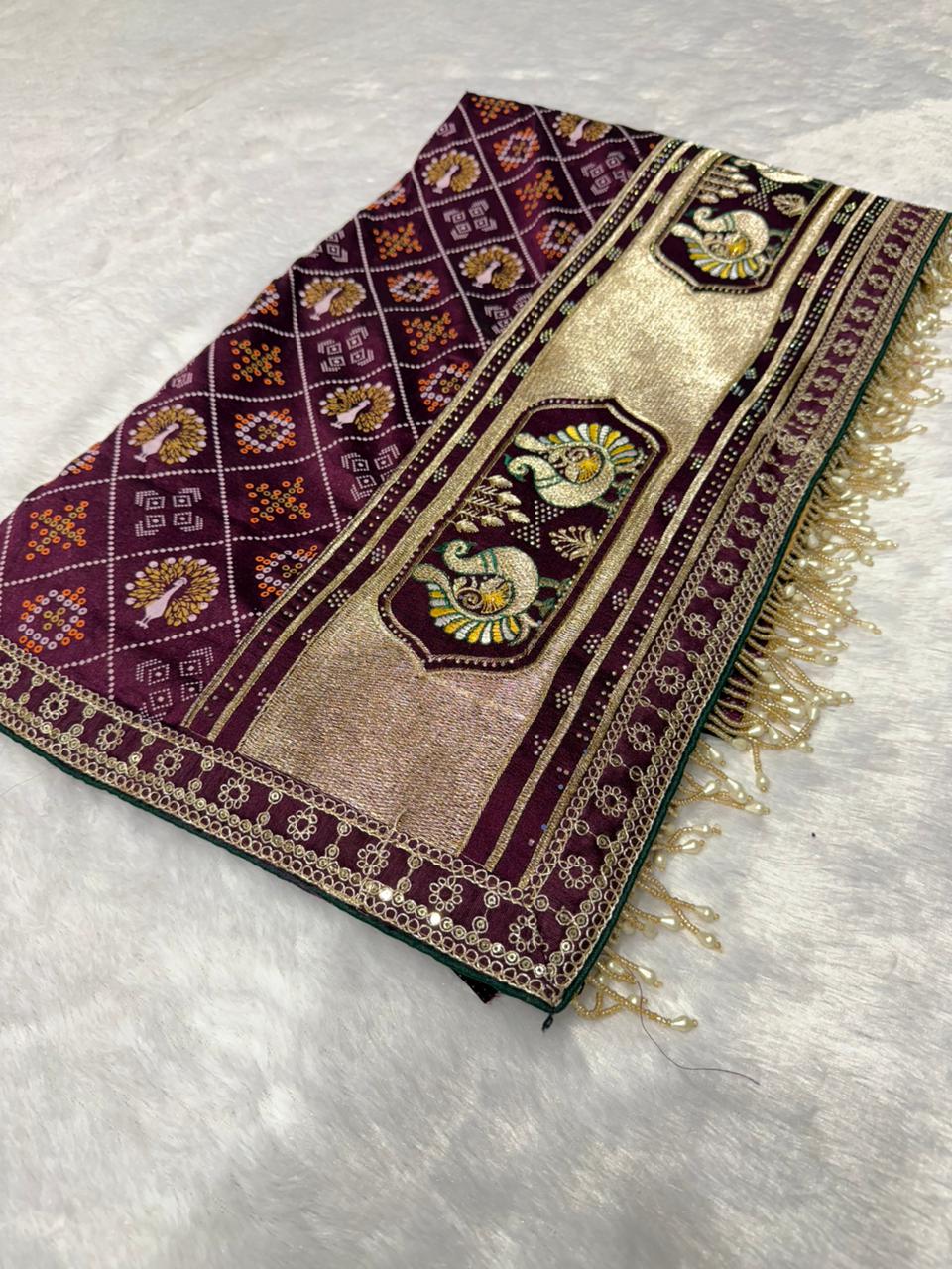 Bandhej Zariwork (Gold) Saree With Unstitched Blouse
