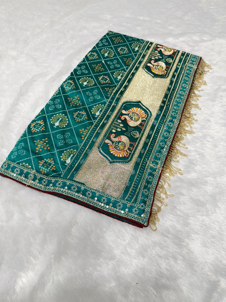 Bandhej Zariwork (Gold) Saree With Unstitched Blouse