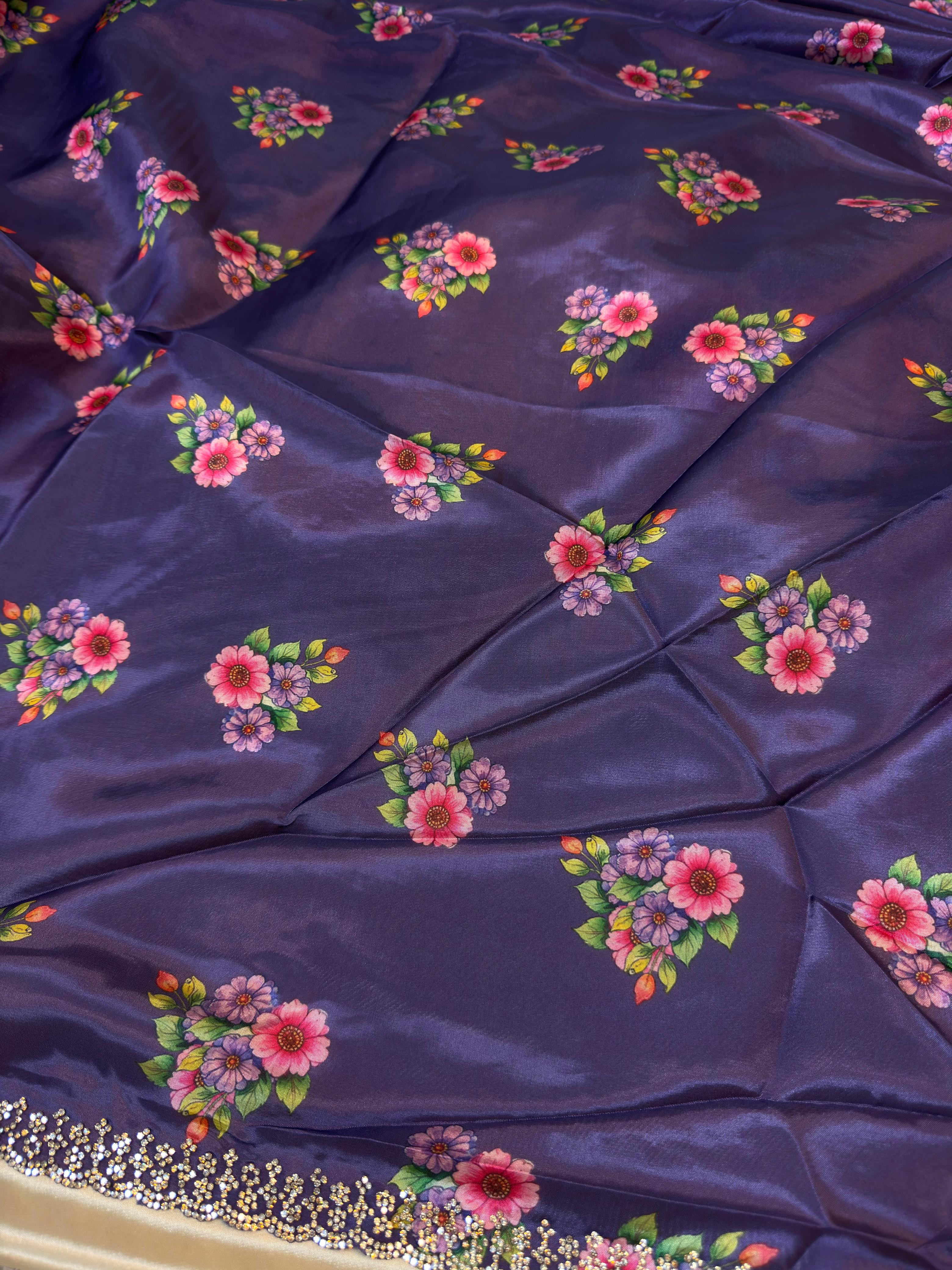 Premium Silk Saree with Peacock Digital Print & Hand Stone Work
